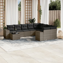 Set de sofás de jardín 10 pzas con cojines ratán sintético gris