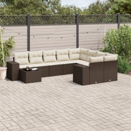 Set de sofás de jardín 10 pzas y cojines ratán sintético marrón