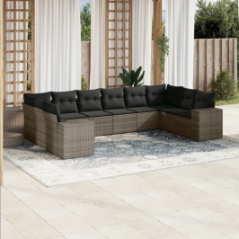 Set de sofás de jardín 10 pzas con cojines ratán sintético gris