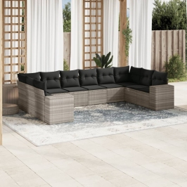 Set sofás jardín 10 pzas con cojines ratán sintético gris claro
