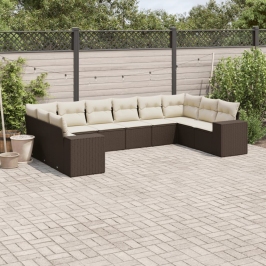 Set de sofás de jardín 10 pzas y cojines ratán sintético marrón