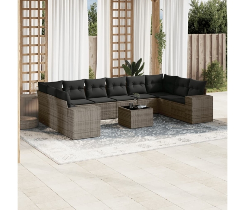 Set de sofás de jardín 11 pzas y cojines ratán sintético gris