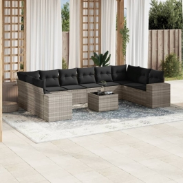Set de sofás de jardín 11 pzas y cojines ratán sintético gris