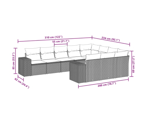 Set de sofás de jardín 10 pzas cojines ratán sintético negro