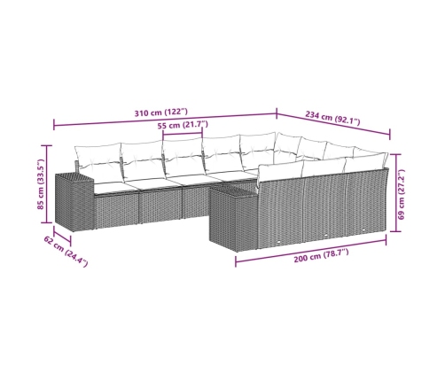 Set de sofás de jardín 10 pzas cojines ratán sintético negro