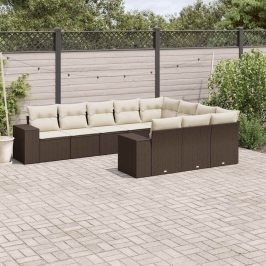 Set de sofás de jardín 10 pzas y cojines ratán sintético marrón