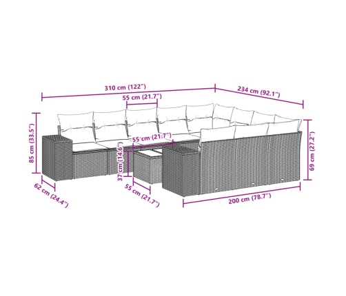 Set de sofás de jardín 11pzas con cojines ratán sintético beige