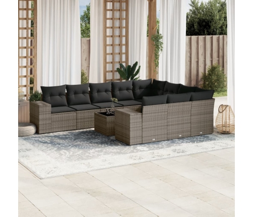 Set de sofás de jardín 11 pzas y cojines ratán sintético gris