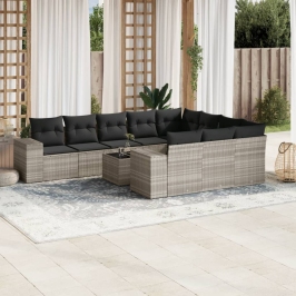 Set de sofás de jardín 11 pzas y cojines ratán sintético gris