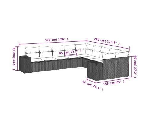 Set de sofás de jardín 10 pzas cojines ratán sintético negro