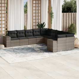 Set de sofás de jardín 10 pzas con cojines ratán sintético gris