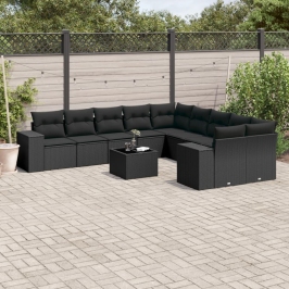 Set de sofás de jardín 11 pzas y cojines ratán sintético negro