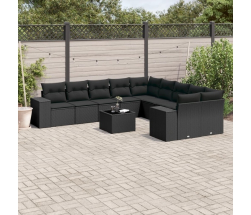 Set de sofás de jardín 11 pzas y cojines ratán sintético negro