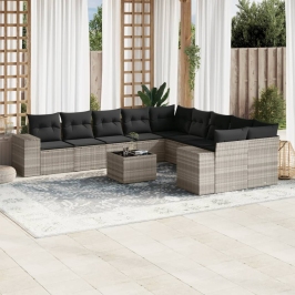 Set de sofás de jardín 11 pzas y cojines ratán sintético gris