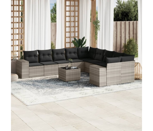 Set de sofás de jardín 11 pzas y cojines ratán sintético gris