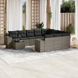 Set de sofás de jardín 11 pzas y cojines ratán sintético gris
