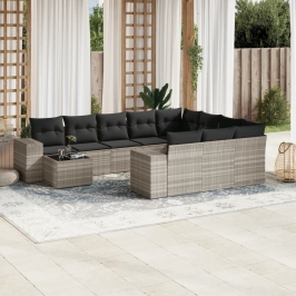 Set de sofás de jardín 11 pzas y cojines ratán sintético gris