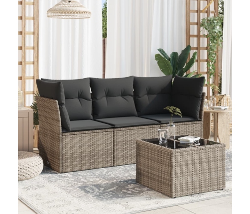Set de sofás de jardín 4 pzas y cojines ratán sintético gris