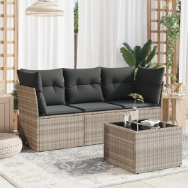 Set de sofás de jardín 4 pzas y cojines ratán sintético gris