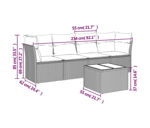 Set comedor de jardín 5 piezas y cojines ratán sintético marrón