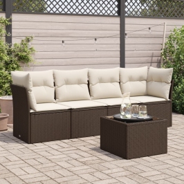 Set comedor de jardín 5 piezas y cojines ratán sintético marrón