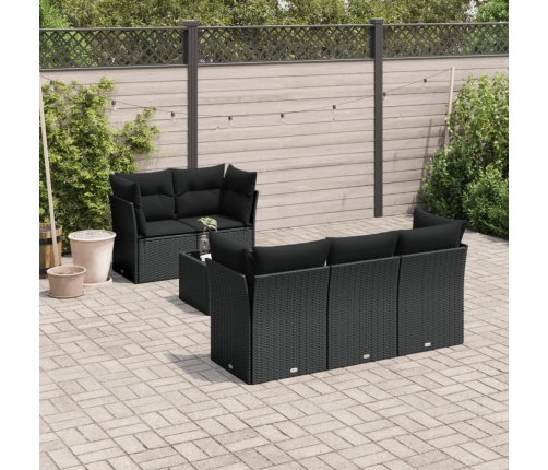 Set de sofás de jardín 6 piezas y cojines ratán sintético negro