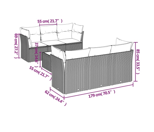 Set de comedor de jardín 7 pzas y cojines ratán sintético negro