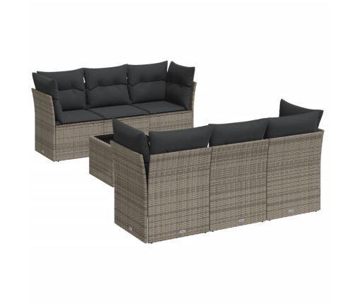 Set de sofás de jardín 7 piezas con cojines ratán PE gris