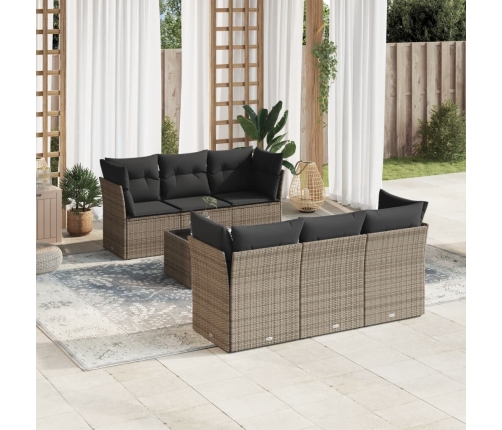 Set de sofás de jardín 7 piezas con cojines ratán PE gris