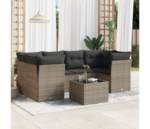 Set de sofás de jardín 7 piezas con cojines ratán PE gris
