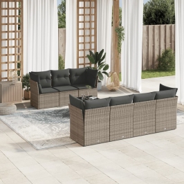 Set de sofás de jardín 8 pzas y cojines ratán sintético gris