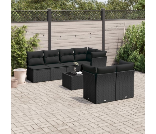 Set de sofás de jardín 8 piezas y cojines ratán sintético negro
