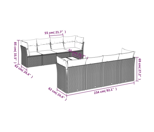 Set muebles jardín 9 pzas y cojines ratán sintético gris claro