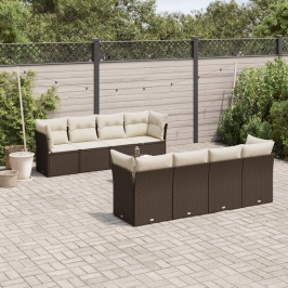 Set de sofás de jardín 9 pzas y cojines ratán sintético marrón