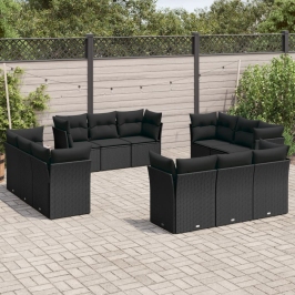 Set de sofás de jardín 12 piezas cojines ratán sintético negro