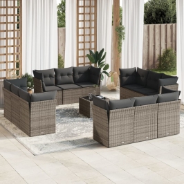 Set sofás de jardín con cojines 13 piezas ratán sintético gris