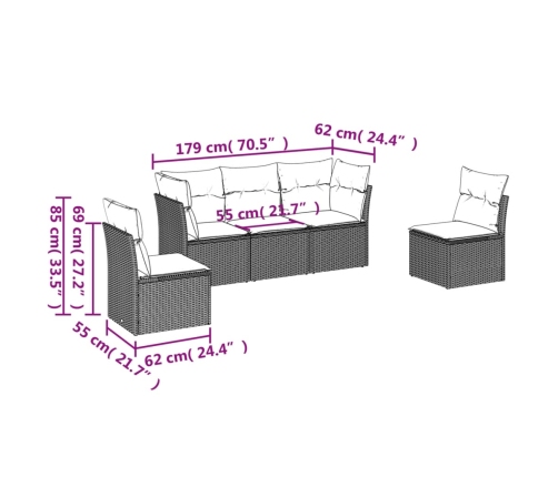Set de muebles de jardín 5 pzas y cojines ratán sintético negro