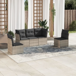 Set de sofás jardín y cojines 5 pzas ratán sintético gris claro
