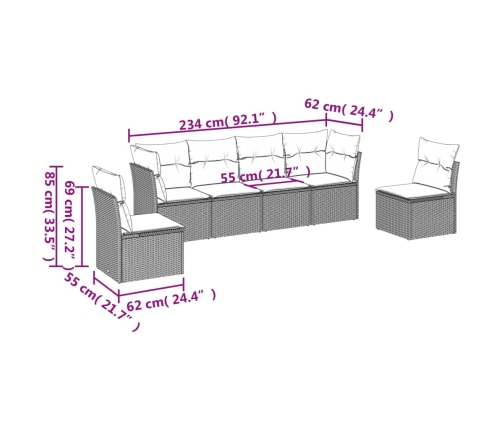 Set de muebles de jardín 6 pzas y cojines ratán sintético gris