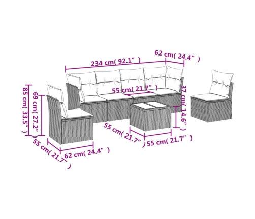 Set de comedor de jardín 7 pzas y cojines ratán sintético negro