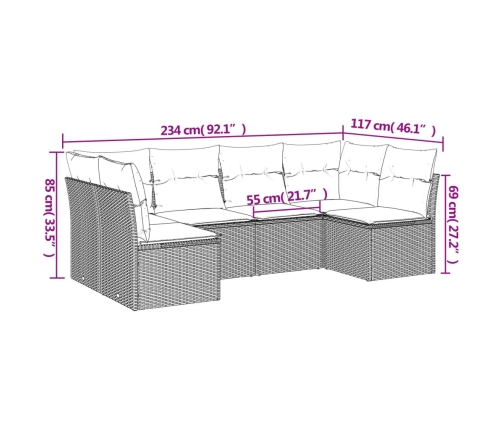 Set de muebles de jardín 6 pzas y cojines ratán sintético gris