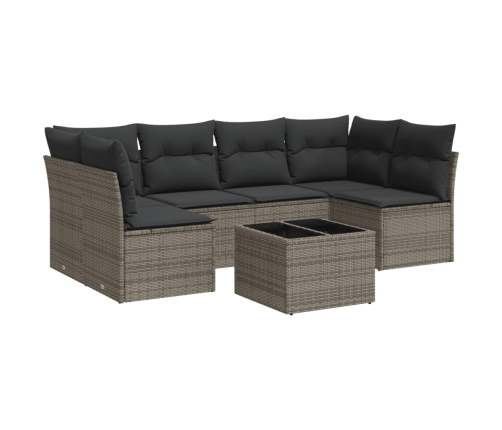 Set de sofás de jardín 7 piezas con cojines ratán PE gris