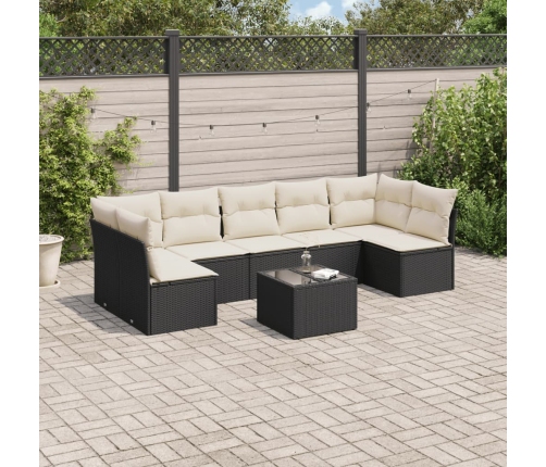 Set de sofás de jardín 8 piezas y cojines ratán sintético negro