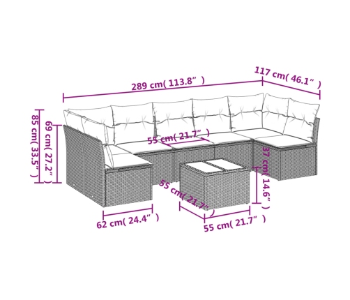 Set de sofás de jardín 8 pzas y cojines ratán sintético gris