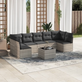 Set de sofás de jardín 8 pzas y cojines ratán sintético gris