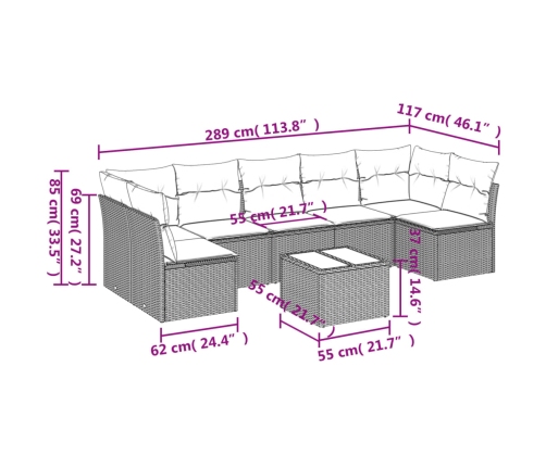 Set sofás de jardín 8 piezas y cojines ratán sintético marrón