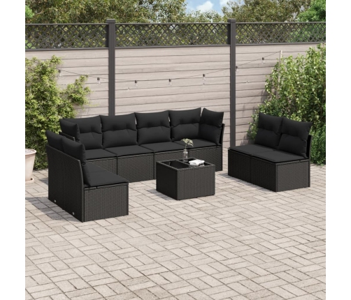 Set de sofás de jardín 8 piezas y cojines ratán sintético negro