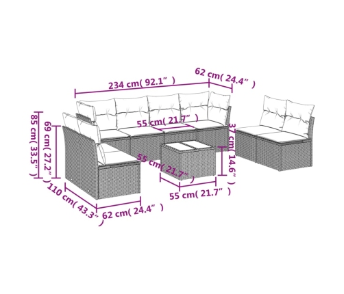 Set de sofás de jardín 9 pzas con cojines ratán sintético beige