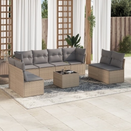 Set de sofás de jardín 9 pzas con cojines ratán sintético beige