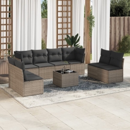 Set de muebles de jardín 9 pzas y cojines ratán sintético gris
